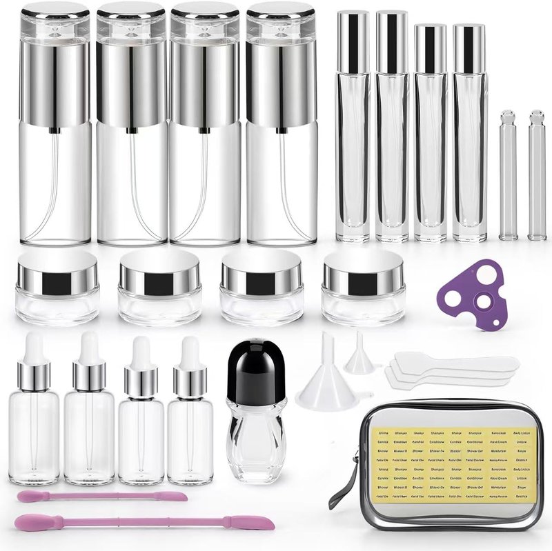 34 Piece Glass Travel Bottles Set - TSA Approved Mini Makeup Containers | Refillable, Leak-Proof, BPA-Free Toiletry Bag for Skincare