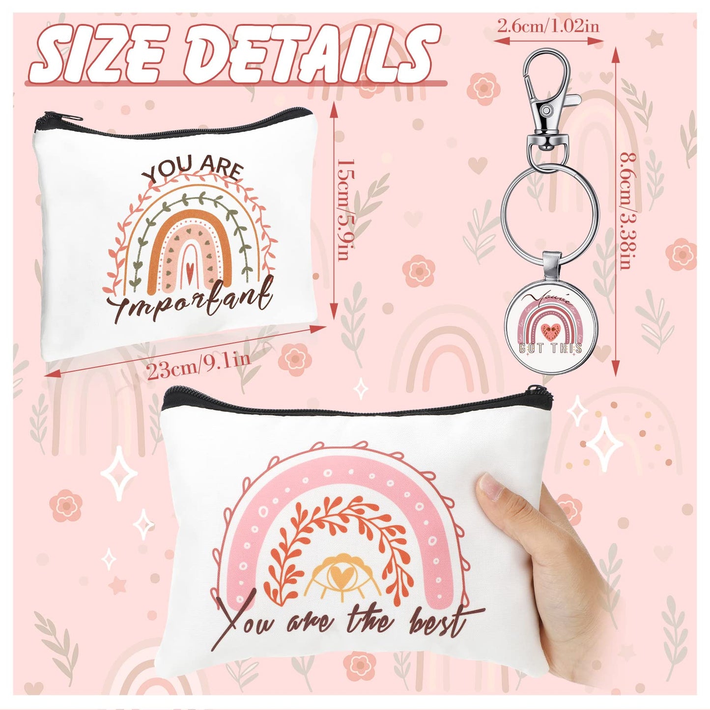 Pinkunn Mothers Day Rainbow Canvas Cosmetic Bag Gifts in Bulk for Women with Inspirational Quote Keychains Set 16 Pcs Cosmetic Bags 16 Pcs Keychains You are Amazing Beautiful Kind Travel Pouch Zipper