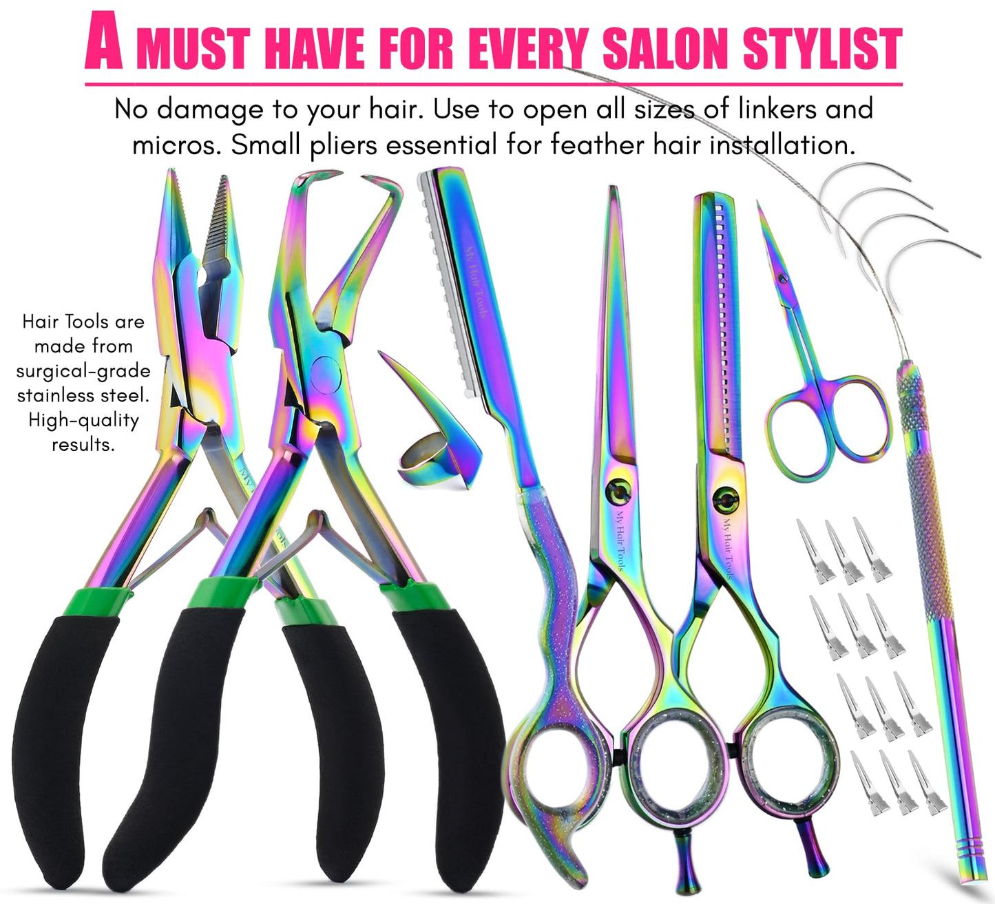 My Hair Tools Hair Extension Tools Kit – Tape-in Press Plier, Keratin Bond Cutter, 3 Hole Nano & Micro Beads Crimping & Remover Pliers, Hair Parting Tool, Mini Scissor, 12pcs Clips & Needles (Black)