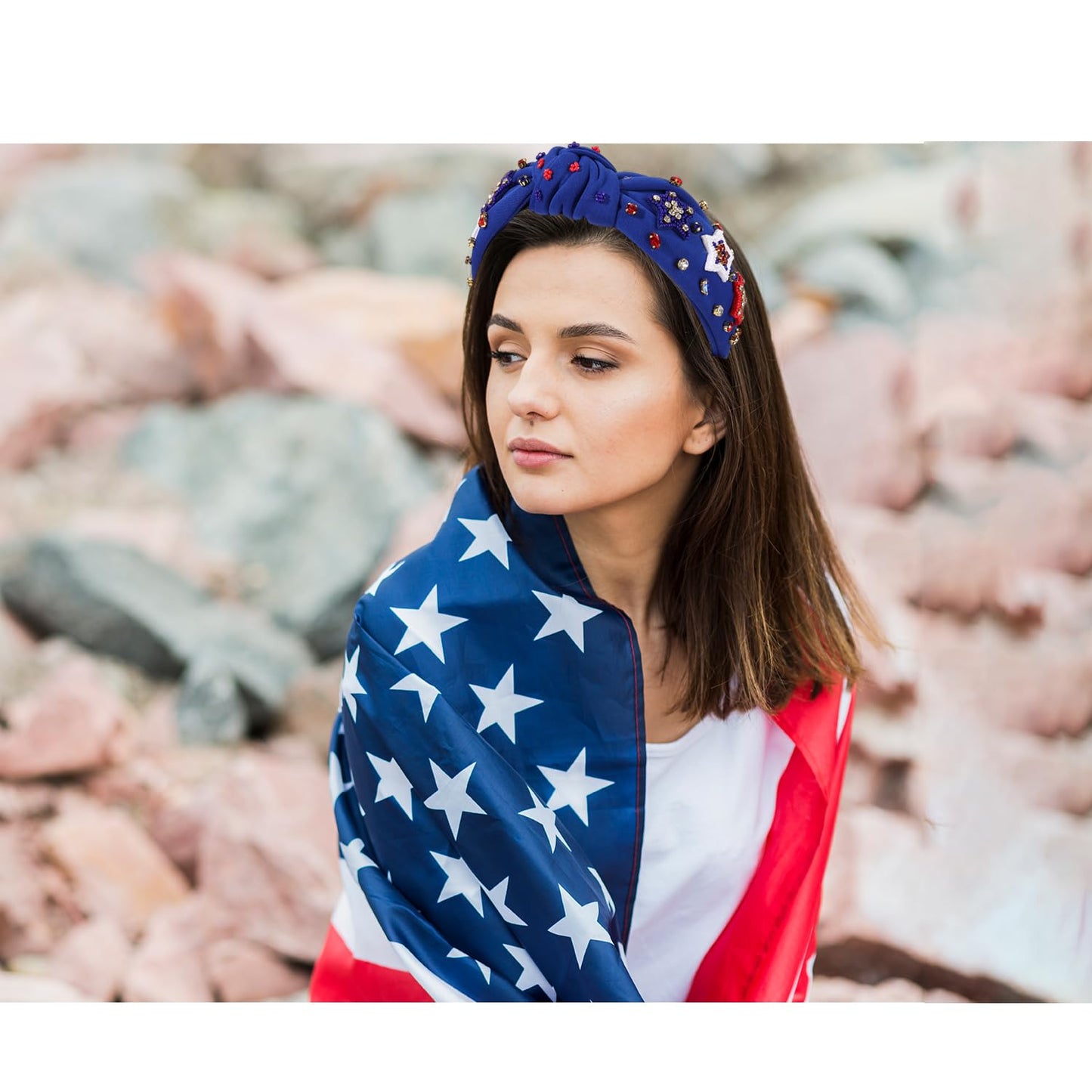 mokkia American Flag Rhinestone Knotted Headbands - Patriotic Accessories for Women, Red White and Blue Top Knot Party Favors (American Star 7)