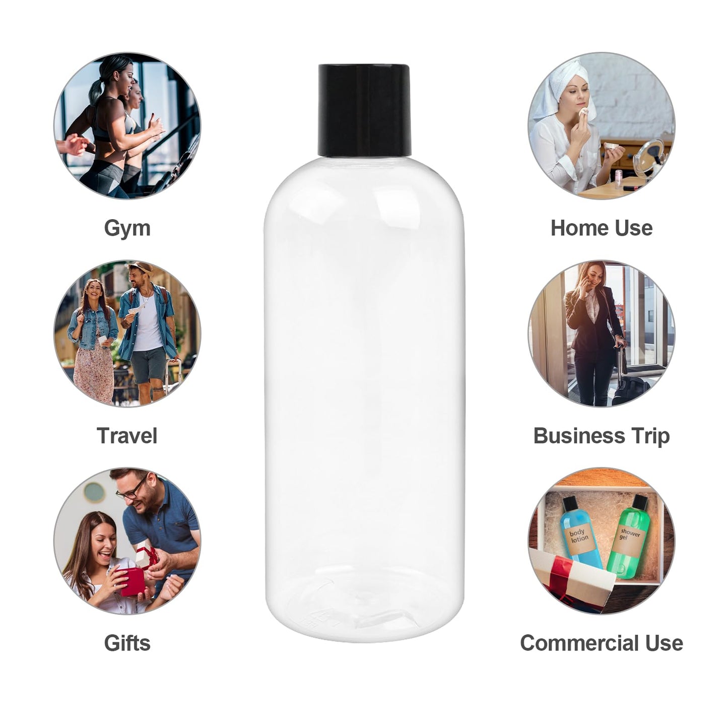 Neendohome 16 oz BPA Free Plastic Suqeeze Bottles with Black Disc Caps Refillable Travel Containers for Toiletries Shampoo Conditioner Lotions Liquid Soap Shower Gel (24Pack, Clear)
