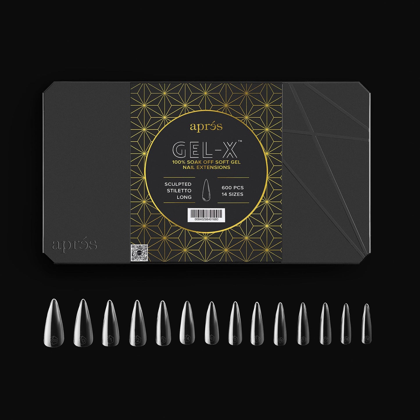 Apres Nail Gel-X Sculpted Stiletto Long Box of Tips | 600 Gel-X Tips, Premium Quality, 14 Sizes 00-9 | Half-sizes Included