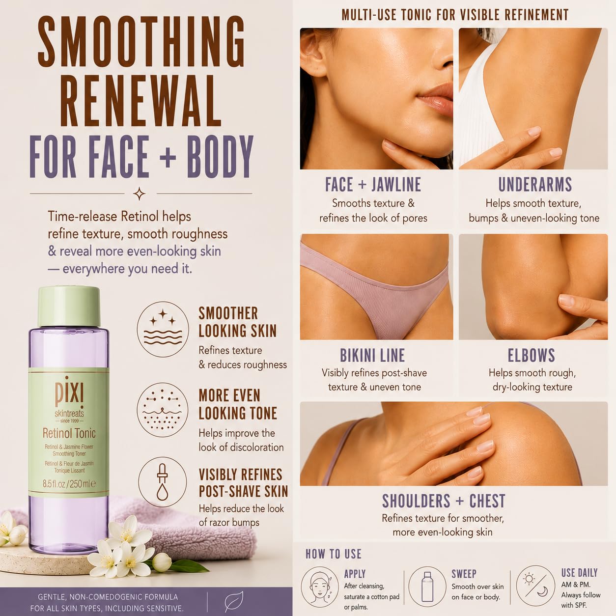Pixi Retinol Tonic, Smoothing & Firming Facial Toner | Oil Control | Enhanced with Peptides to Boost Collagen Production | Alcohol-Free Daily Rejuvenating Toner, 250 ml / 8.5 fl oz