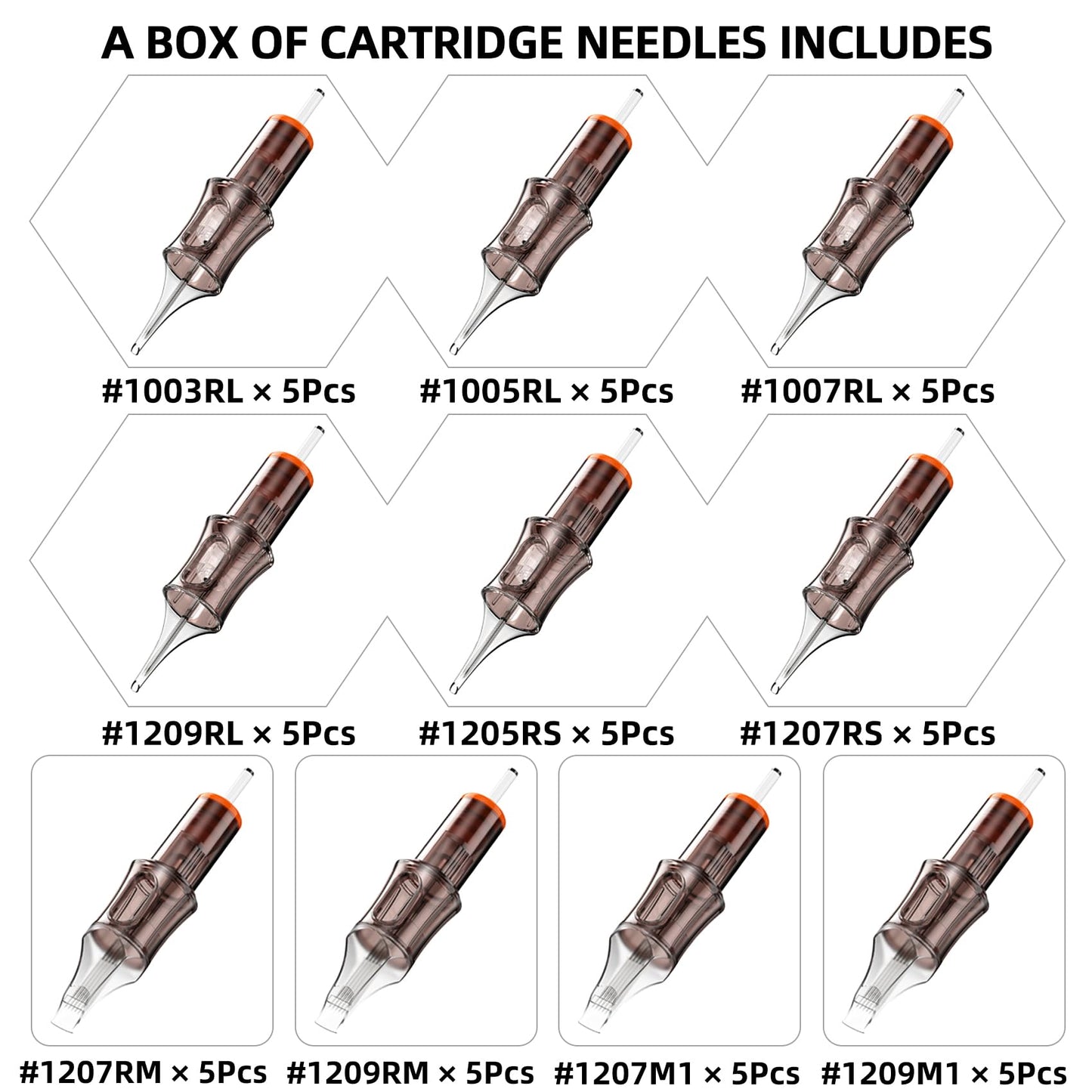 50 Assorted Tattoo Cartridge Needles Mixed Size 5 Pcs each of #10 Round Liner 3RL 5RL 7RL, #12 Round Liner Shader Curved Magnum 9RL 5RS 7RS 7RM 9RM 7M1 9M1 Pro Disposable Membrane Tattoo Needles