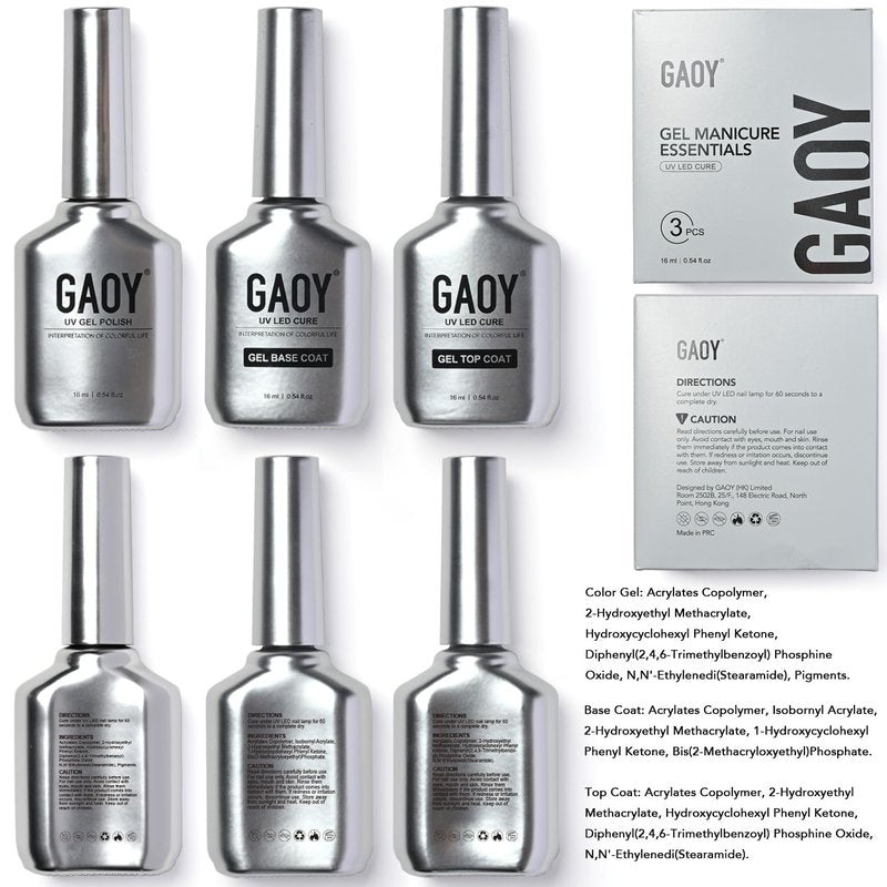 GAOY Gel Top Coat, Base Coat and White Gel Polish Set, 3 Pcs 16ml Clear Glossy No Wipe Combination and Color for UV Light Cure