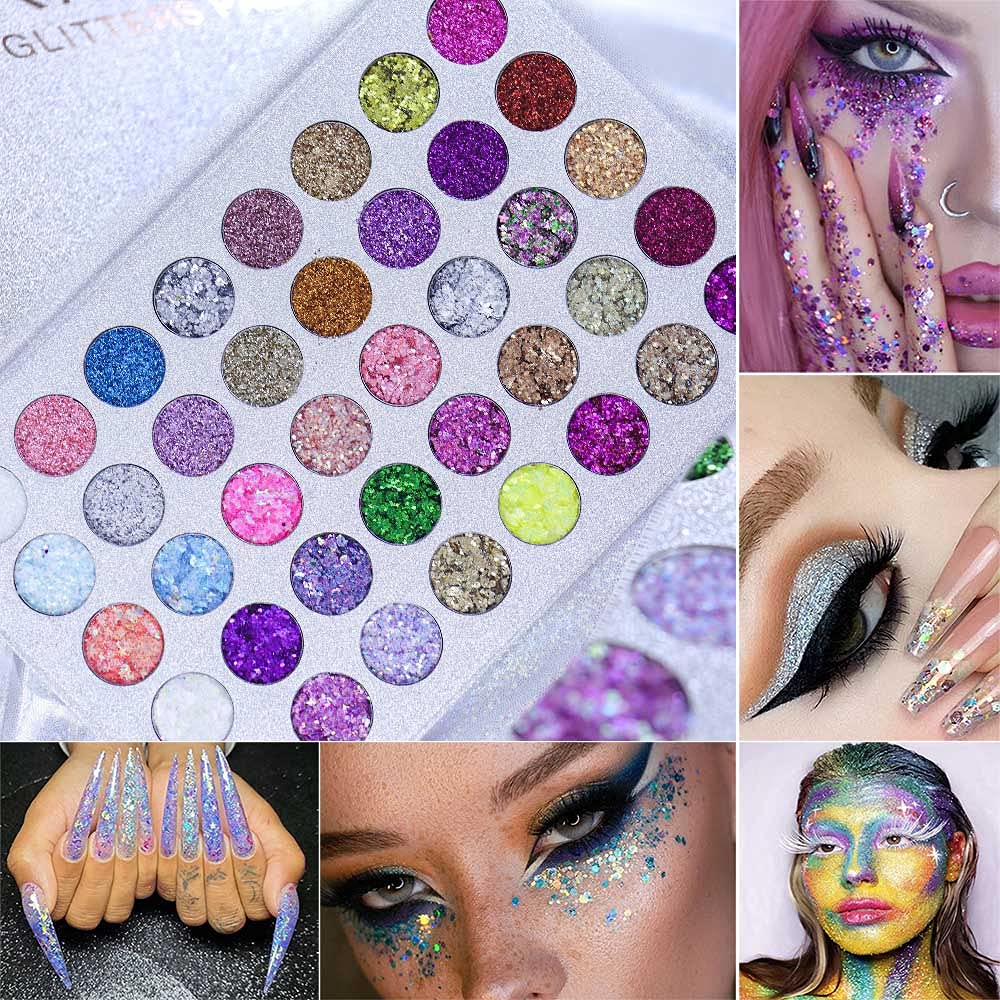 evpct CAKAILA Glitter Colorful Sparkly Eyeshadow Palette For Eye Makeup White Silver Glue Gel Face Paint , 40 Colors