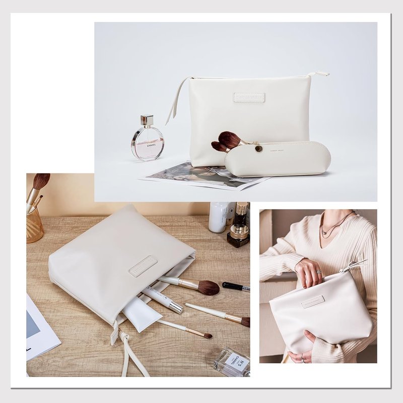 Makeup Bag Organizer - Waterproof PU Leather Cosmetic Bag | Large Travel Clutch Purse (Cream)