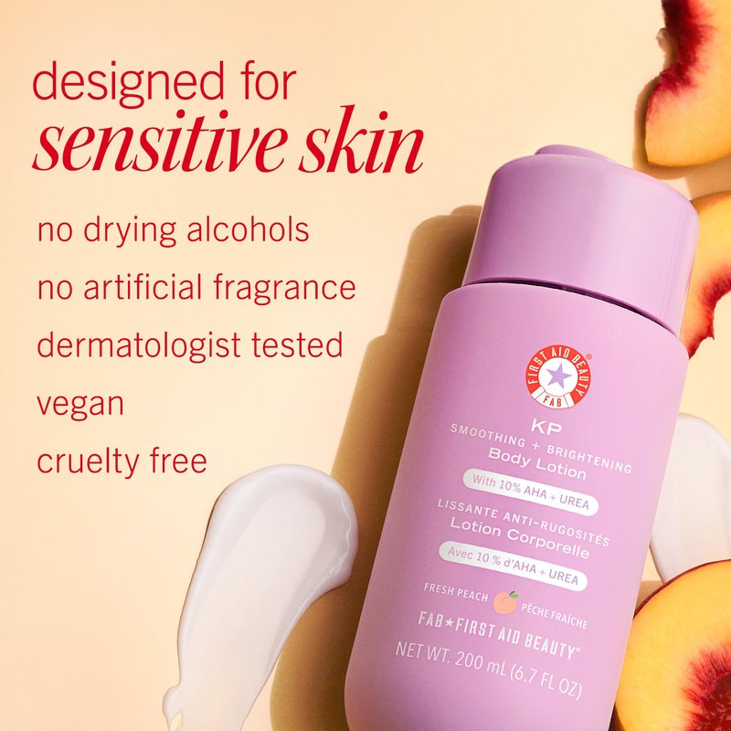 First Aid Beauty KP Smoothing + Brightening Body Lotion, 10% AHA with Lactic Acid, Urea & Colloidal Oatmeal, Exfoliate & Moisturize Keratosis Pilaris Bumps, Peach Scent, 6.7 fl oz