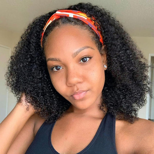 Headband Wig Human Hair Kinky Curly Glueless Wigs 12 Inch Natural Black