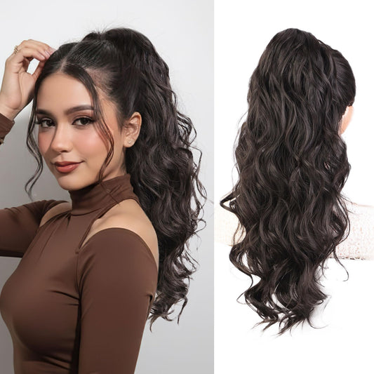 Stamped Glorious Black Ponytail Extension-22 Inch Long Body Wave Pony Tail Hair Extension,Drawstring Ponytail for Women,Synthetic Hair Extension Ponytail(Color:Black)