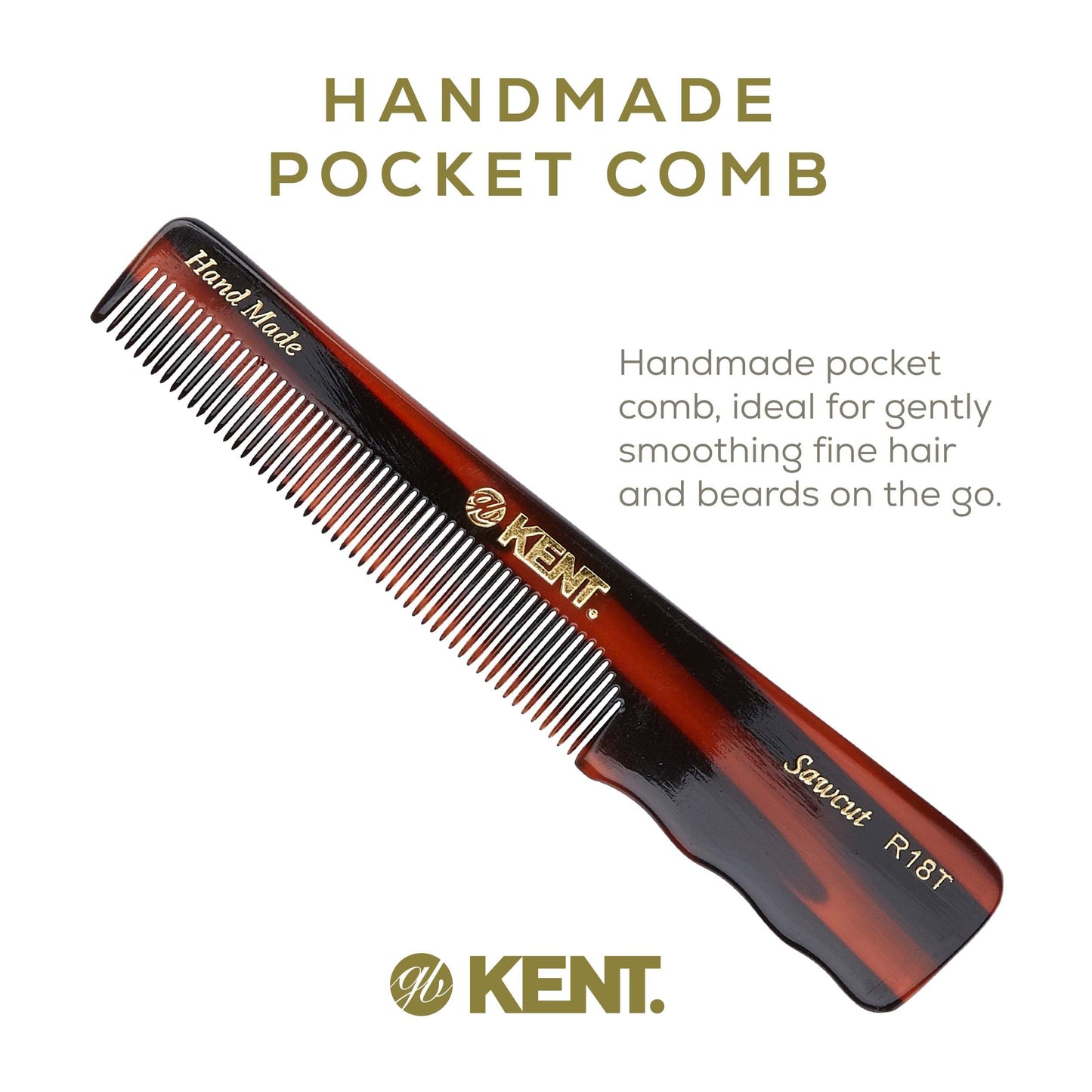 Kent R18T Fine Tooth Comb for Men with Ergonomic Thumb Grip - Handmade Large Hair Comb for Styling, Saw Cut and Hand Polished, Made in England (5.4")