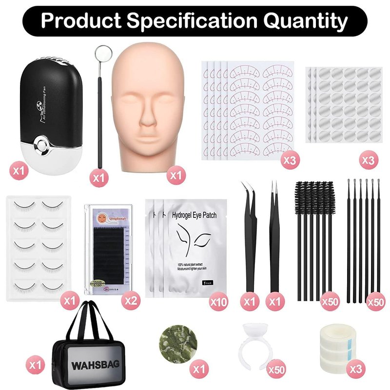 Lash Extension Practice Kit, Eyelash Extension Training Kit for Beginners, Professional Eyelash Mannequin Head Set with Lash Fan, Lash Shampoo, Lash Adhesive, Glue Rings and Lash Mirror (Black)
