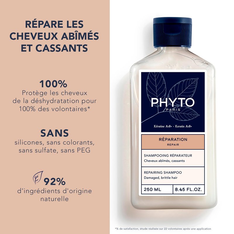 PHYTO PARIS REPAIR Restructuring Shampoo, Vegan, Sulfate Free, Cleanses and Repairs Damaged Hair and Brittle Hair, 8.45 fl.oz.