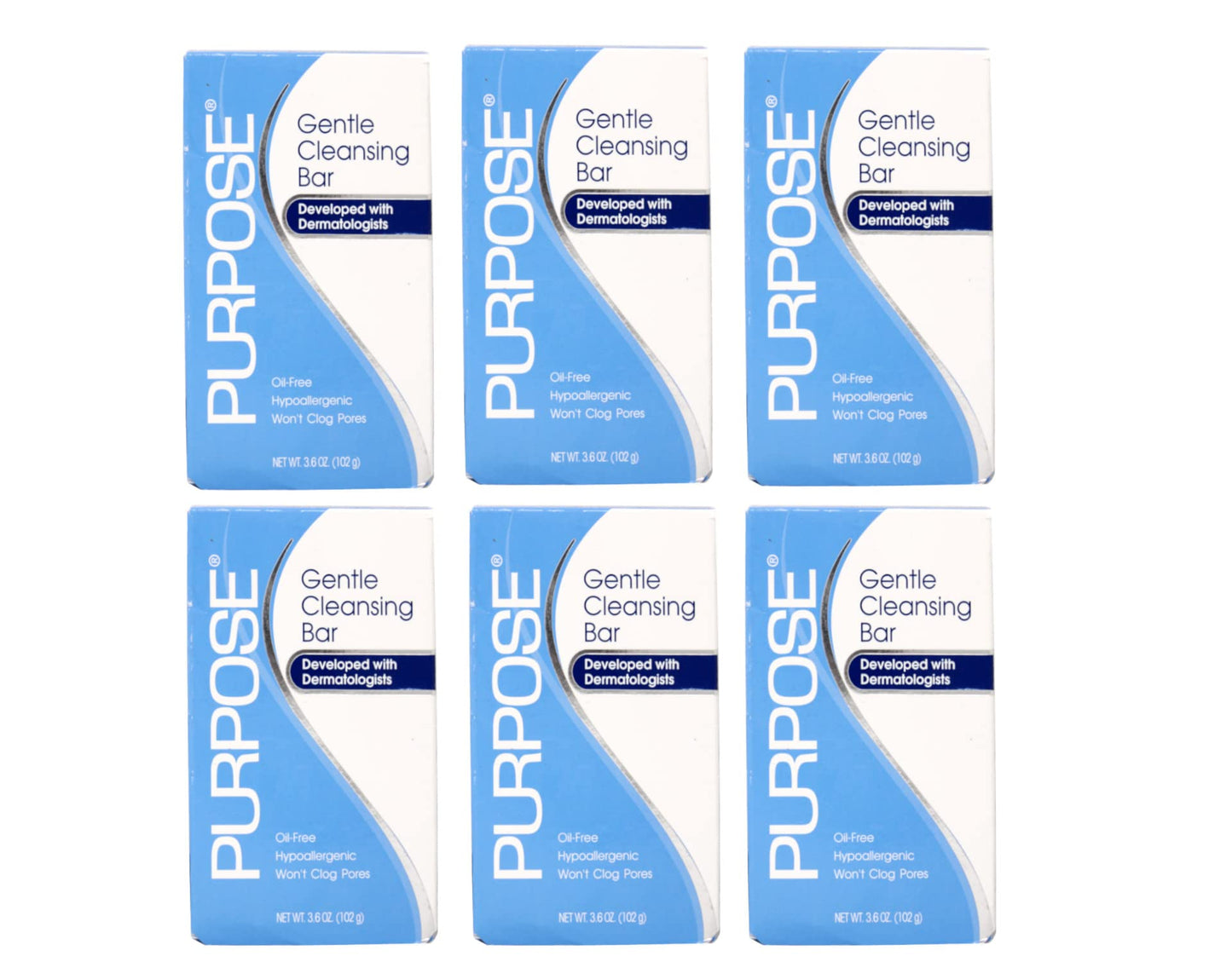 PURPOSE Gentle Cleansing Bar, Gentle As Water, All Skin Types, For Sensitive & Dry Skin, Oil-free, Hypoallergenic, Sulfate-Free, 3.6 oz Bar (Pack of 6)