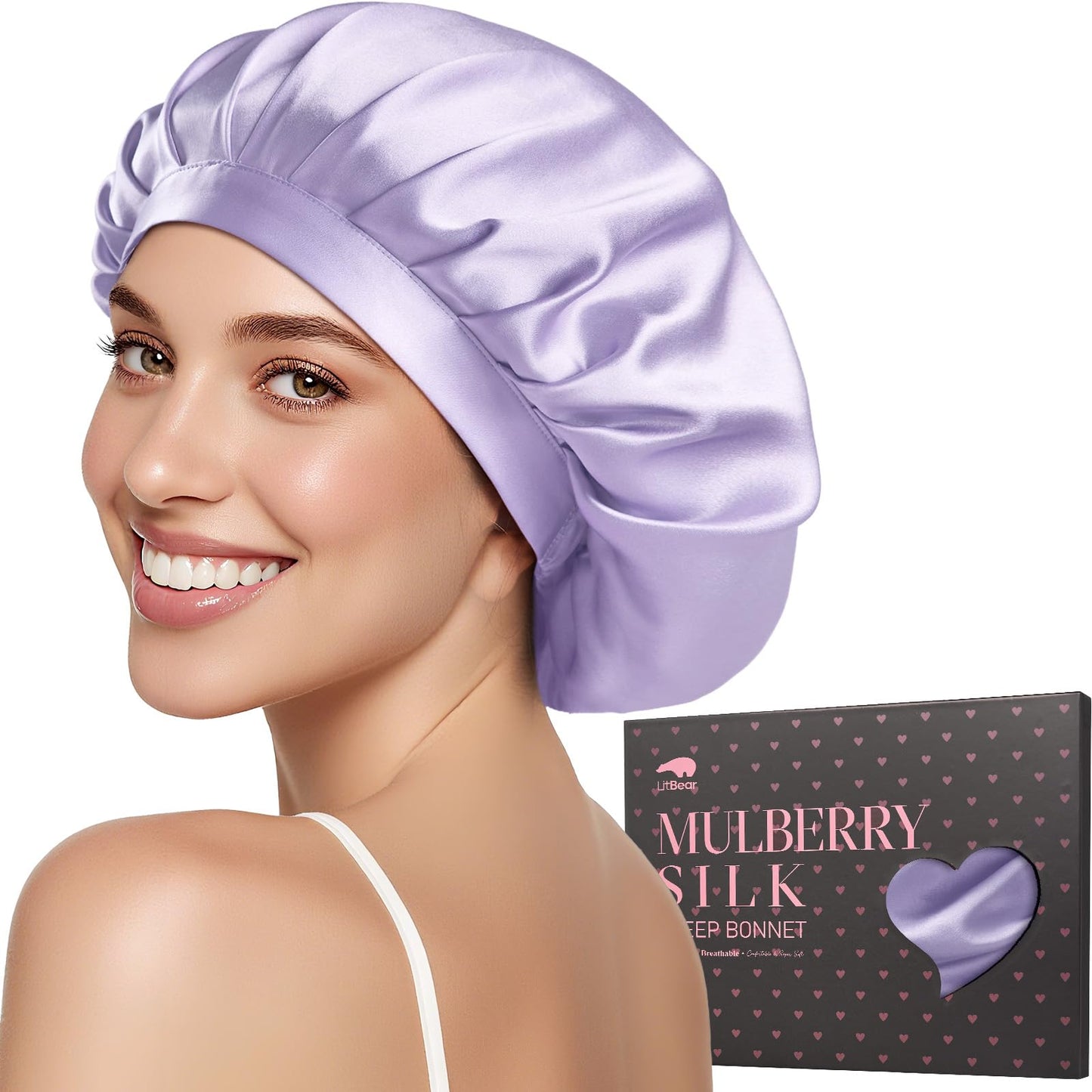 LitBear 100% Mulberry Silk Bonnet for Sleeping Women, 22 Momme Silk Hair Wrap with Elastic Band for Long Short Curly Hair, Non-Slip Night Cap Reduce Friction, Purple