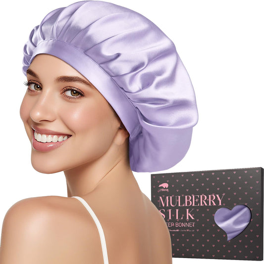 LitBear 100% Mulberry Silk Bonnet for Sleeping Women, 22 Momme Silk Hair Wrap with Elastic Band for Long Short Curly Hair, Non-Slip Night Cap Reduce Friction, Purple