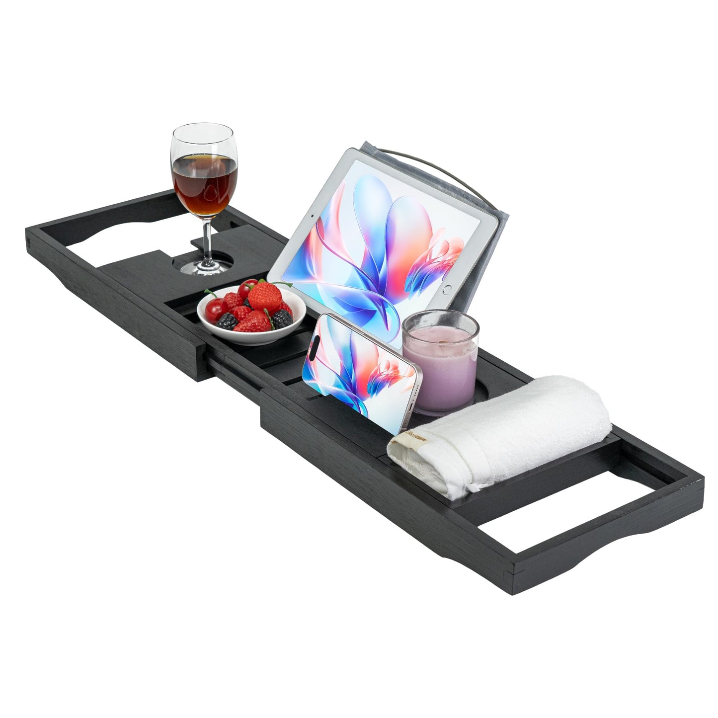 Utoplike Bamboo Bathtub Tray Caddy, Black Bath Tray Table for Tub, Adjustable Bathroom Organizer with Book Tablet Wine Glass Cup Towel Holder