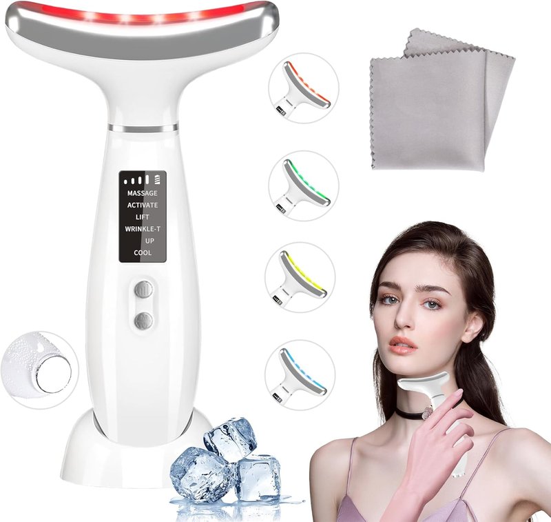 Red Light Therapy Device for Face & Neck - 4 Color LED Skin Care Tool | Micro-Current Vibration, Hot & Cold Functions