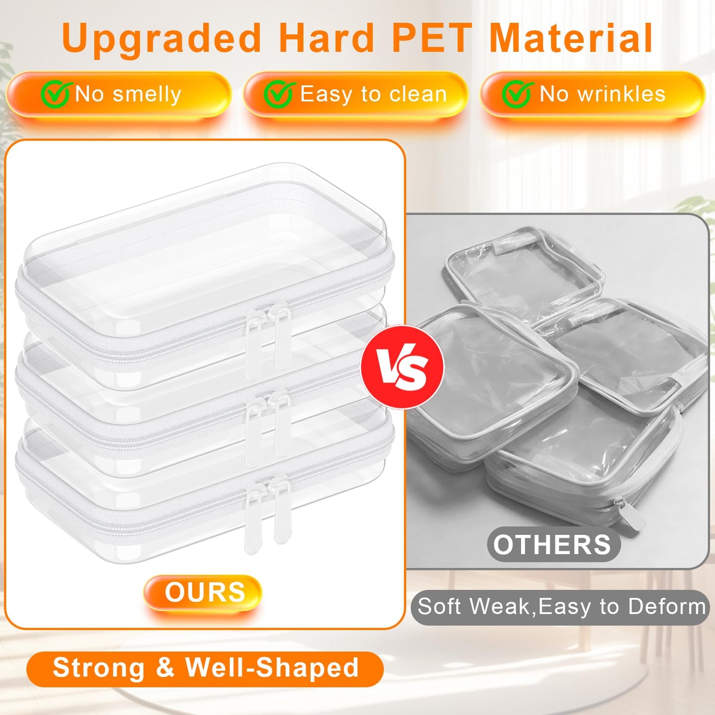 3PCS Clear Hard Shell Zipper Case,Toy Organizers and Storage Box,Clear Toiletry Cosmetic Case,Travel Makeup Bags, Diaper Bag Organizer,Pencil Case,Stackable Portable Transparent Zipper Pouches Black-L