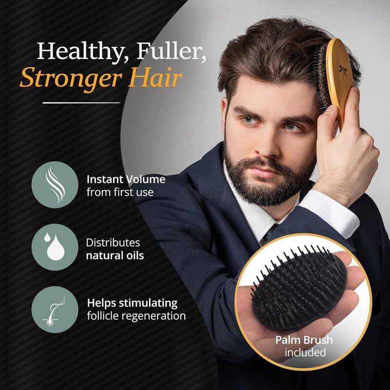 Men's Hair Grooming Set - Boar Bristle & Nylon Pin Brushes, Wooden Comb, Travel Bag | Perfect for Styling