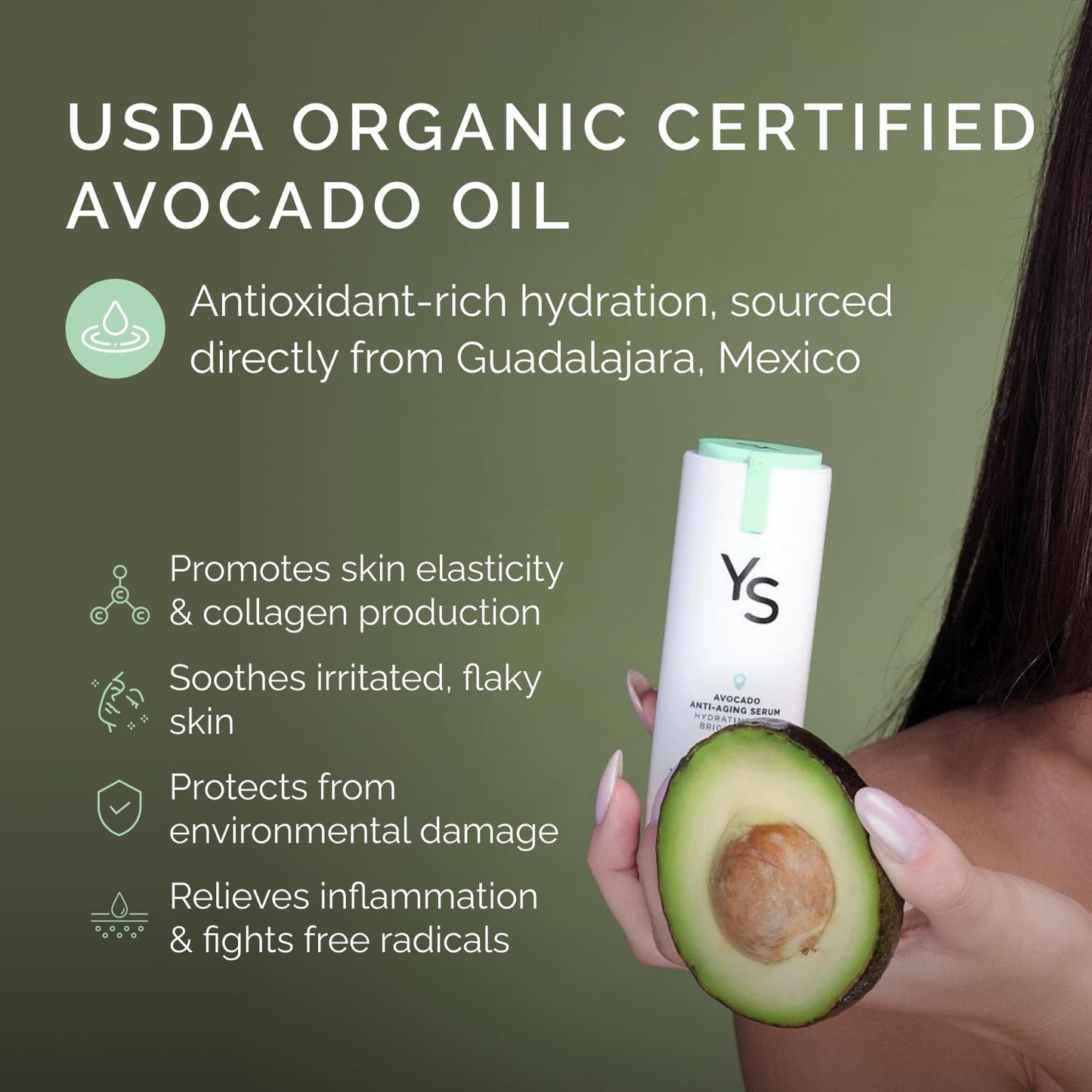 Younger Skin Avocado Anti-Aging Serum - Hydrating, Brightening, Wrinkle Reducer, Facial Skincare - Organic Avocado Oil, Vitamin C, Hyaluronic Acid, Niacinamide - 30ml