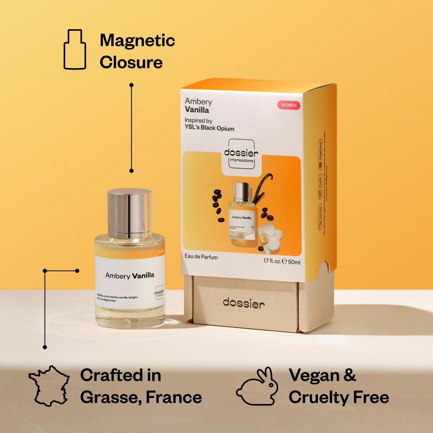 Dossier - Ambery Vanilla - Eau de Parfum - Vanilla Perfume - Inspired by Black Opium - Long-Lasting Fragrance - Feminine - 1.7 fl oz (50ml)