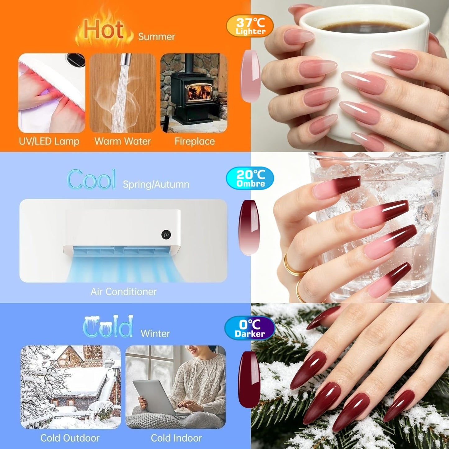 Color Changing Gel Nail Polish Set - 6 Summer Mood Colors | Thermal UV Gel Kit with Base & Top Coat, 8 Pcs 7.5 ml