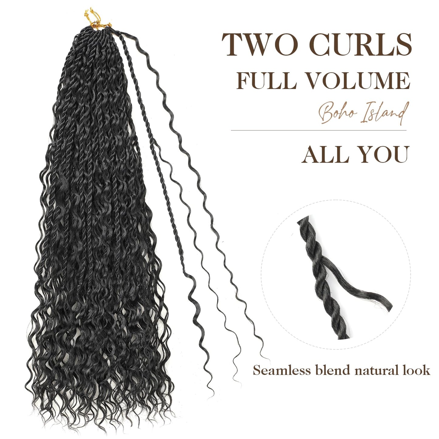 Boho lsland Twist Crochet Hair 24 Inch 8 Packs Natural Black Pre-Looped Senegalese Twist Crochet Braids with Curly Ends Synthetic Goddess Twist Crochet Hair for Black Women（1B 24 INCH）