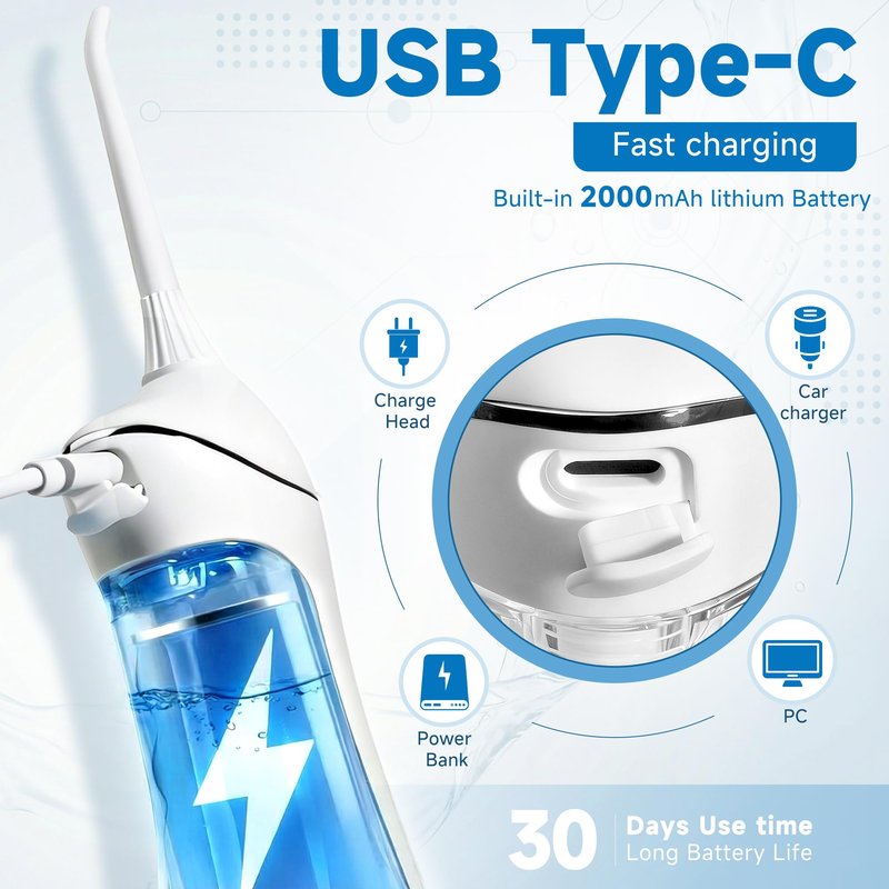 Cordless Water Flosser for Teeth Cleaning & Braces, Portable Dental Flosser 300ML, USB-C Fast Charge, IPX7 Waterproof, 4 Cleaning Modes, 5 Tips, Travel Case – Smilix
