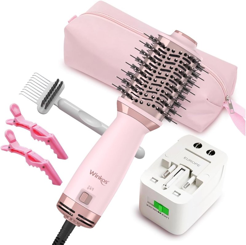 Travel Dual Voltage Hot Air Brush - 4 in 1 Mini Hair Dryer & Volumizer | 2 Inch Brush with Global Adapter & Storage Bag