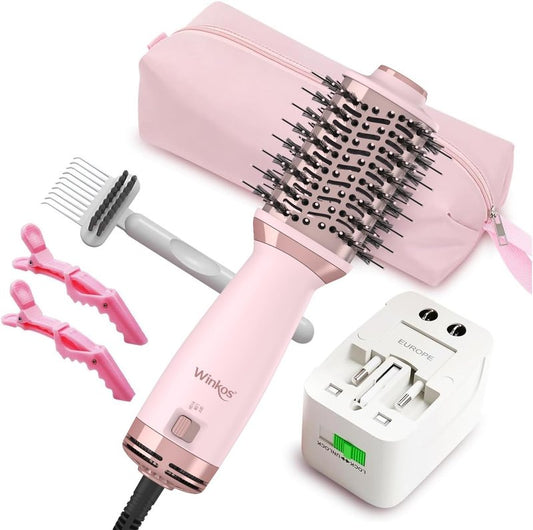 Travel Dual Voltage Hot Air Brush - 4 in 1 Mini Hair Dryer & Volumizer | 2 Inch Brush with Global Adapter & Storage Bag
