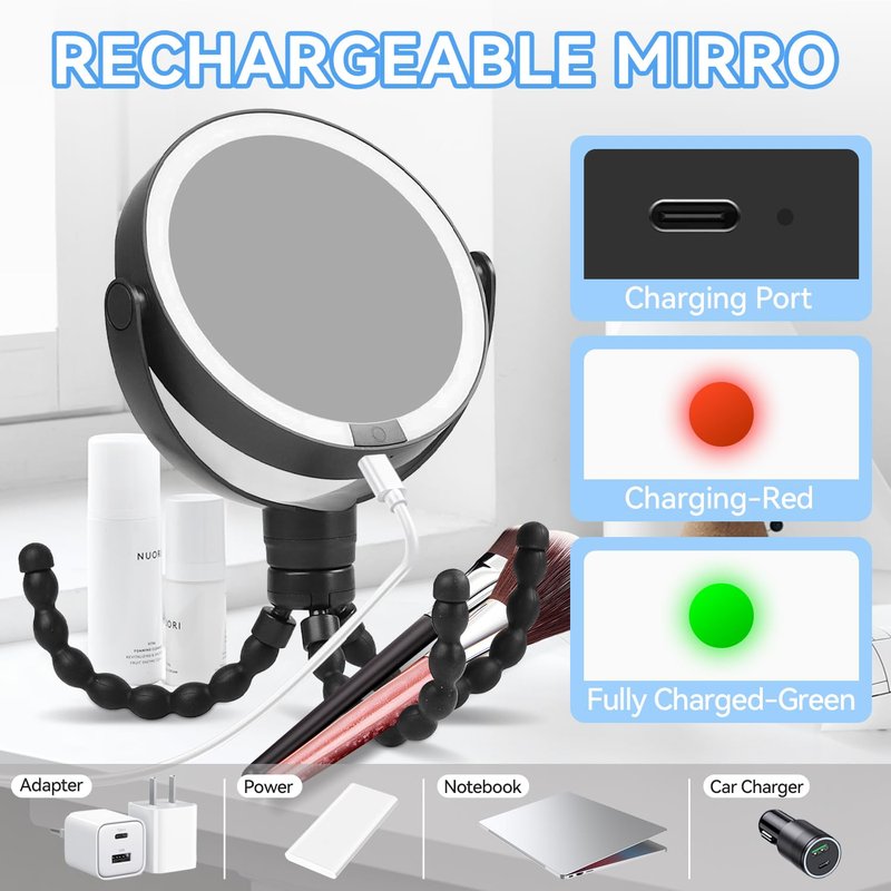 KOOKIN Travel Makeup Mirror with Lights and Magnification 1X/10X, Lighted Makeup Mirror, Rechargeable, 3 Color Lighting, Dimmable, 360° Rotation, Double Sided, Hanging Handheld Mirrors (Black)