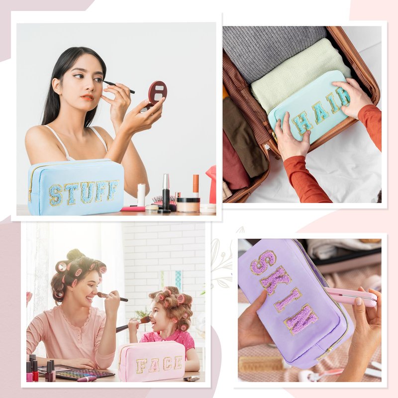 4 Pcs Travel Toiletry Bags for Women Preppy Makeup Bags Organizer Face Skin Hair Stuff Chenille Letter Pouch with Zipper Aesthetic Corduroy Skin care Hair Bag for Women Gifts