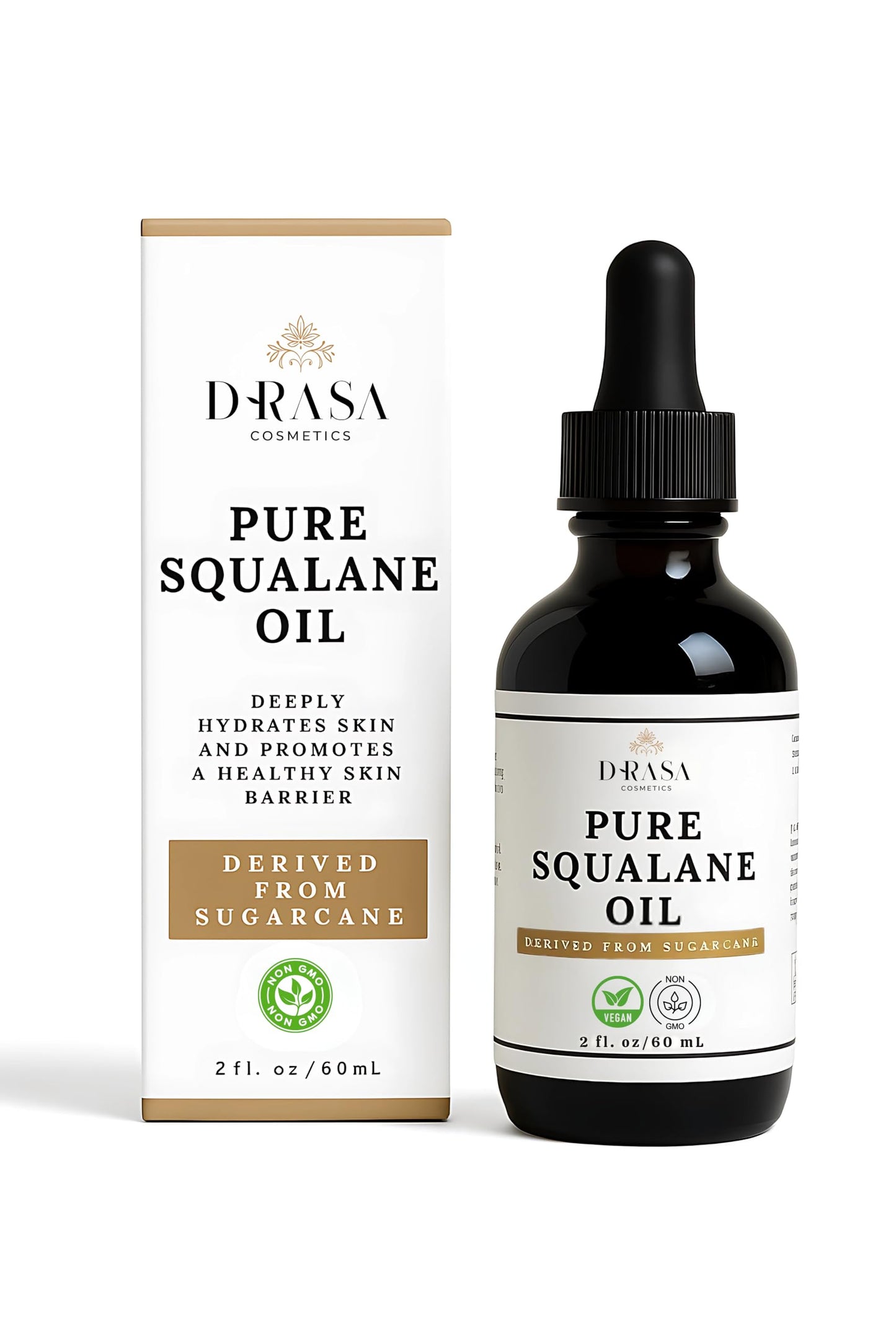 DRASA Cosmetics Pure Squalane Oil Moisturizer with 100% Sugarcane Derived Squalane for Face, Body, Skin and Hair - Face Oil 2 fl. oz.