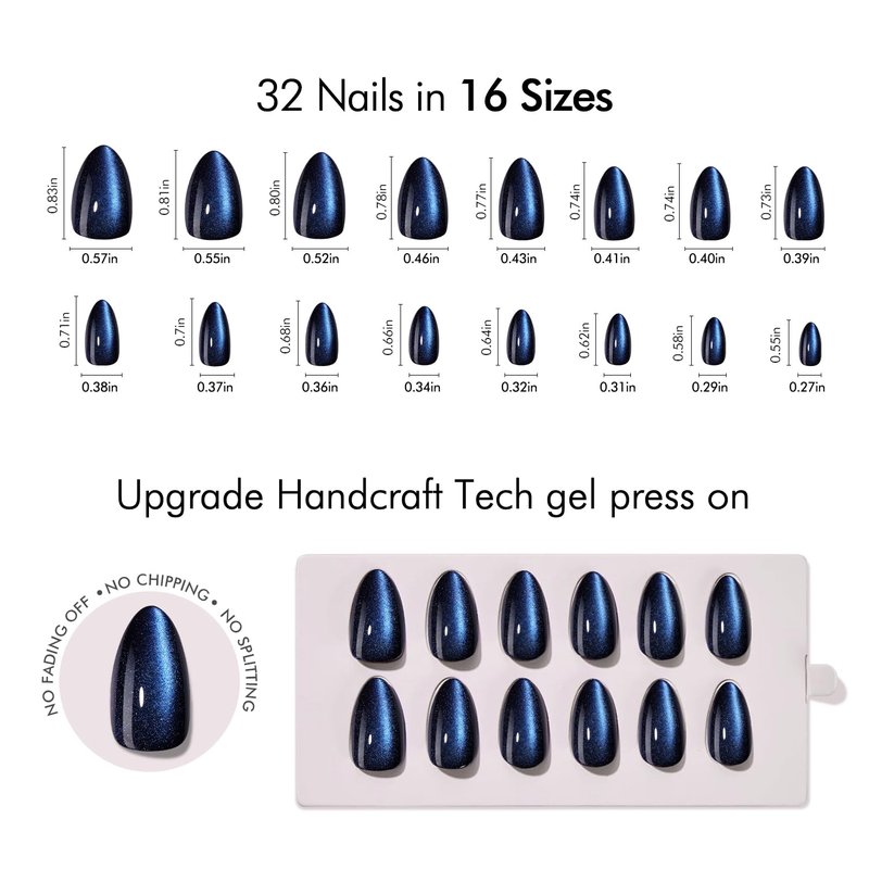 VSALON Press on Nails Short Almond - Blue Cat Eye Chrome Glue On Nails Kit for Women, Reusable Opaque Gel Stick on Nails For 4th of July with Glue & Cuticle Oil - 32 PCS Fake Nails in 16 Sizes
