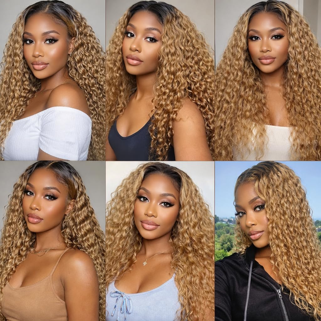 T1B/27 Jerry Curly Human Hair Bundles 8 10 12 Inch Honey Blonde Ombre Brazilian Virgin Remy Hair Extensions 12A Tight Curly Soft Bouncy Full Wet and Wavy Quick Sew In 3 Bundles for Black Women