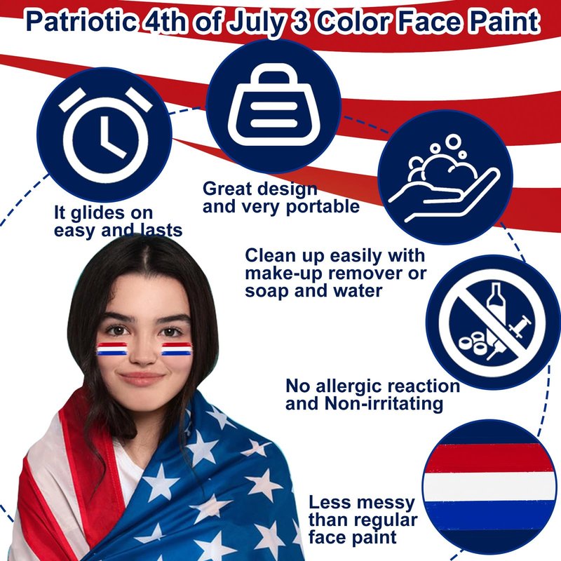 8pcs Red White and Blue Face Paint Stick, Long Lasting Patriotic Body Painting Baseball Eye Black America USA Flag Makeup Stick 4th of July Accessories for Kids Women Men Sports Party Independence Day