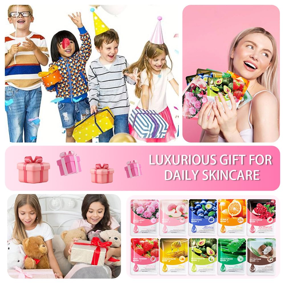 Kaely 8 Pack Variety Sheet Masks, Spa Party Face Masks for Kids Teens Skincare Set, Girls Night Facial Masks Skin Care, Moisturize Soothe for All Skin Types, Birthday Christmas Gifts, Set02