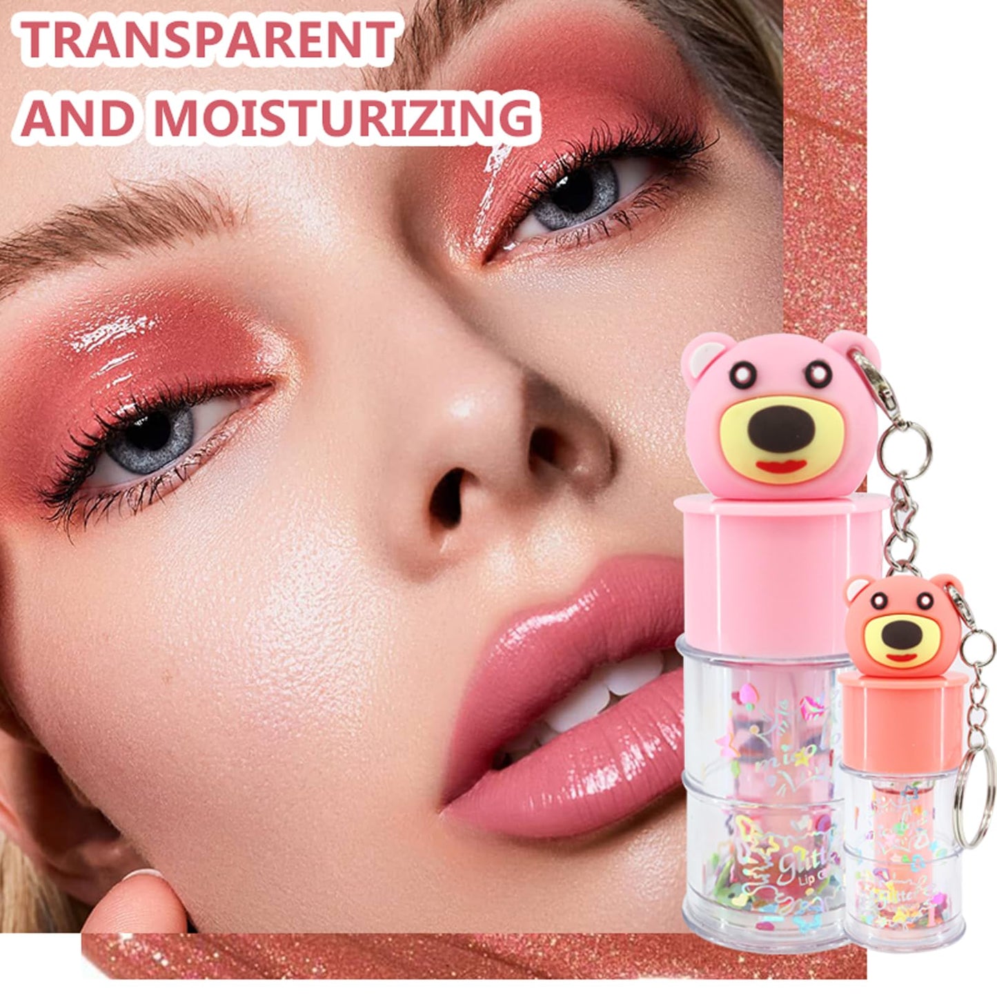 DENESTUP 6 Pcs Hydrating Lip Gloss Set, Shimmer Glossy Moisturizing Lip Jelly Sequins and Sparkles Lip Make-Up for Women Party Gift Cute Bear Keychain Design