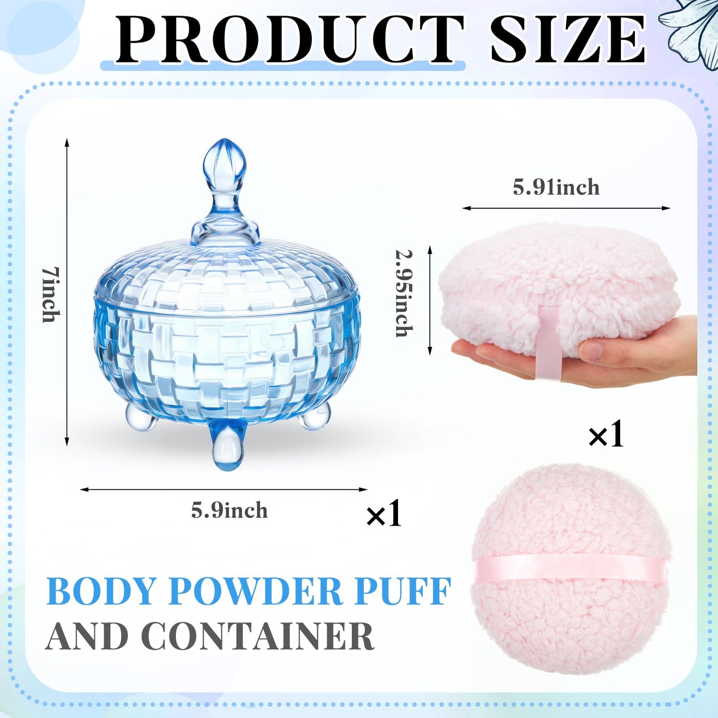 Tioncy 2 Pcs Extra Large Dusting Powder Puff and Container for Women-6'' Glass Crystal Dusting Powder Container with Body Soft Washable Reusable Velour Face(Blue,Weave Design)