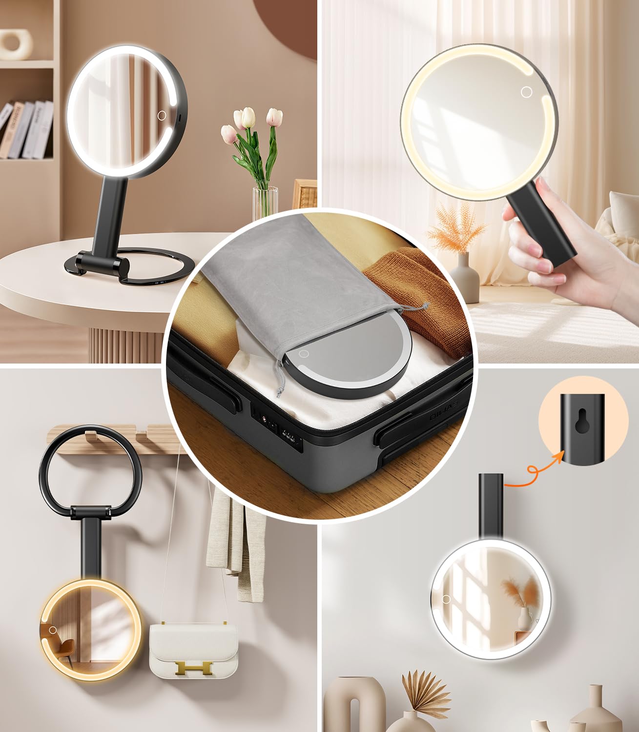 Gospire Magnifying Travel Makeup Mirror with Light 10X 1X Magnifition 2-Sided Lighted Vanity Mirror Rechargeable 3 in 1 Hand Held Desk Hanging, 3 Color Dimmable Lights, Black