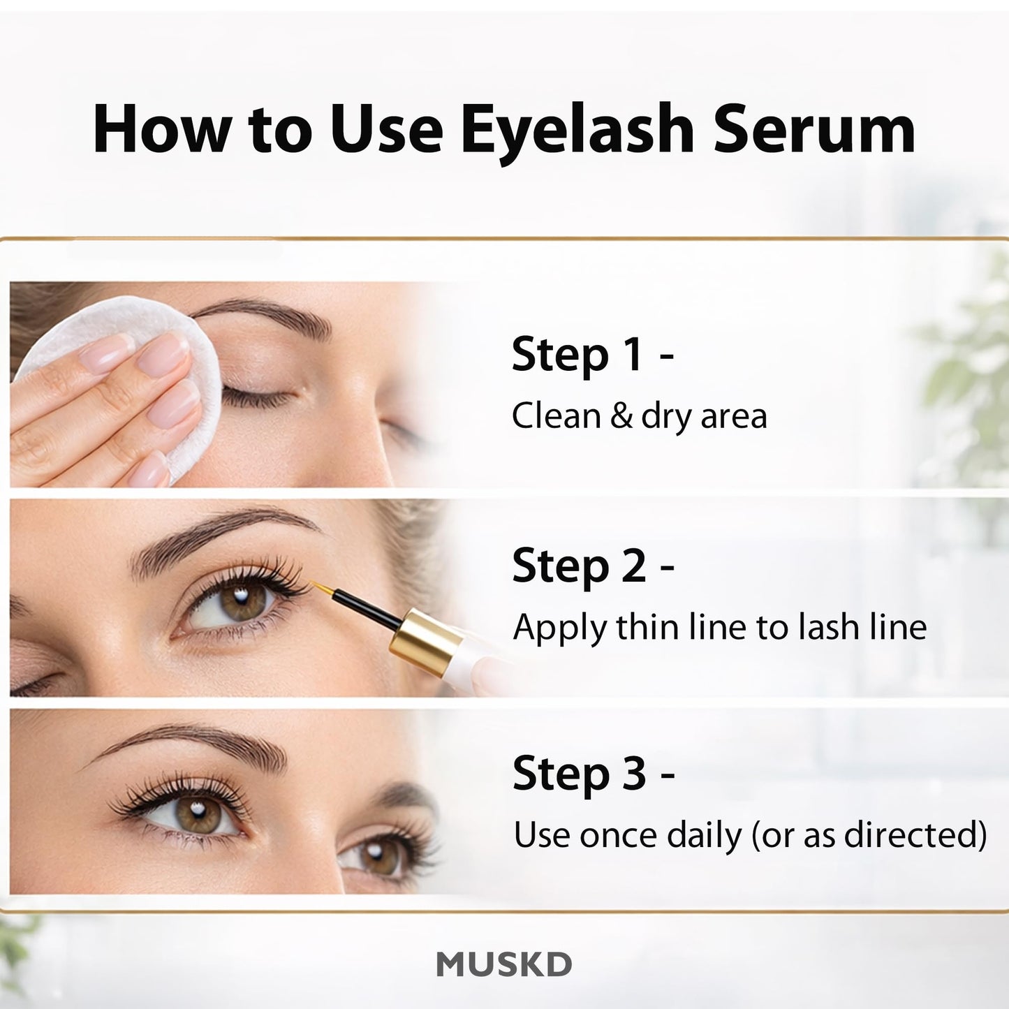 MUSKD Eyelash Growth Serum - Lash Enhancer for Longer, Thicker, Fuller Lashes & Brows - Natural, Vegan & Cruelty-Free Eyelash Serum for Lash & Brow Growth, Gentle Formula (3 ML)