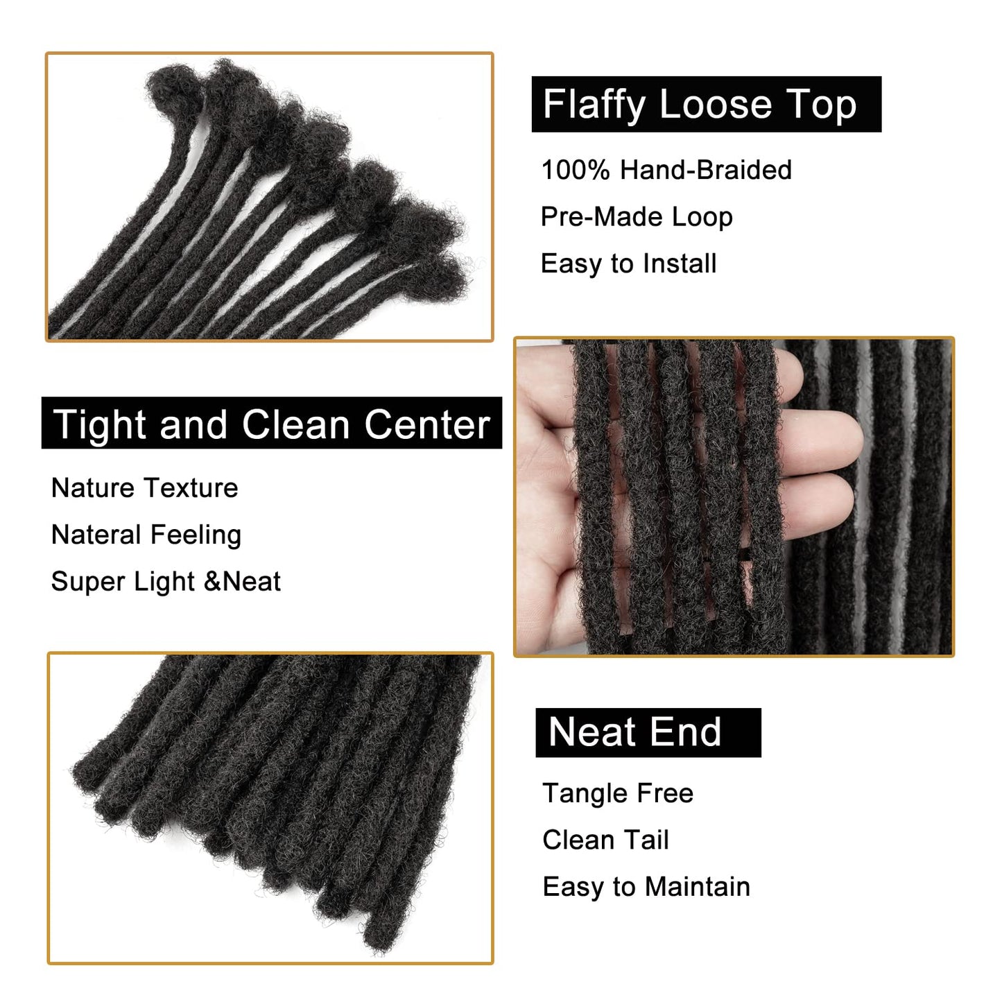 Real Human Hair Dreadlock Extensions - 8 Inch, 0.6cm Thickness | 20 Strands in Natural Black