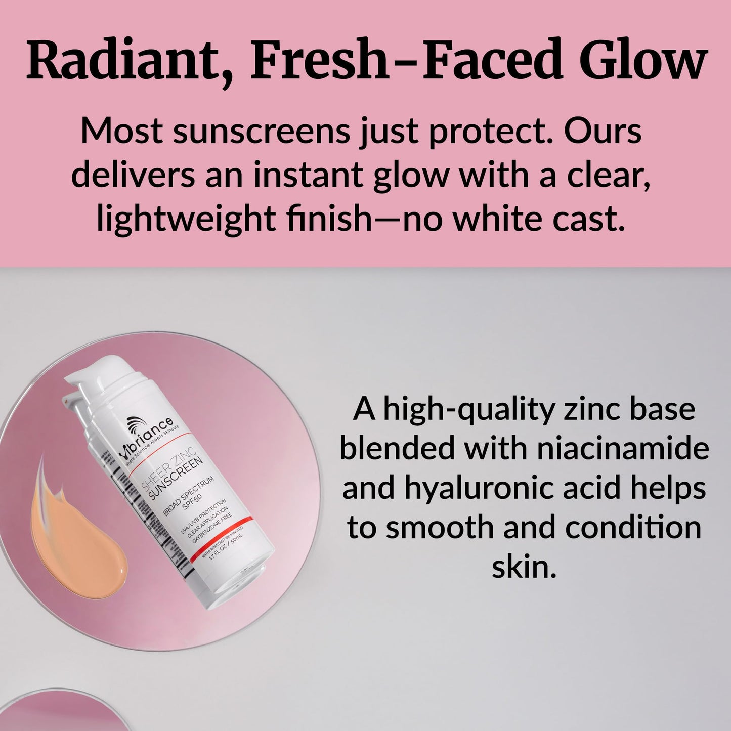 Vibriance Sheer Zinc Sunscreen - Tinted Sunscreen for Face SPF 50, Lightweight Facial Moisturizer with Niacinamide, Hyaluronic Acid - 1.7 fl oz