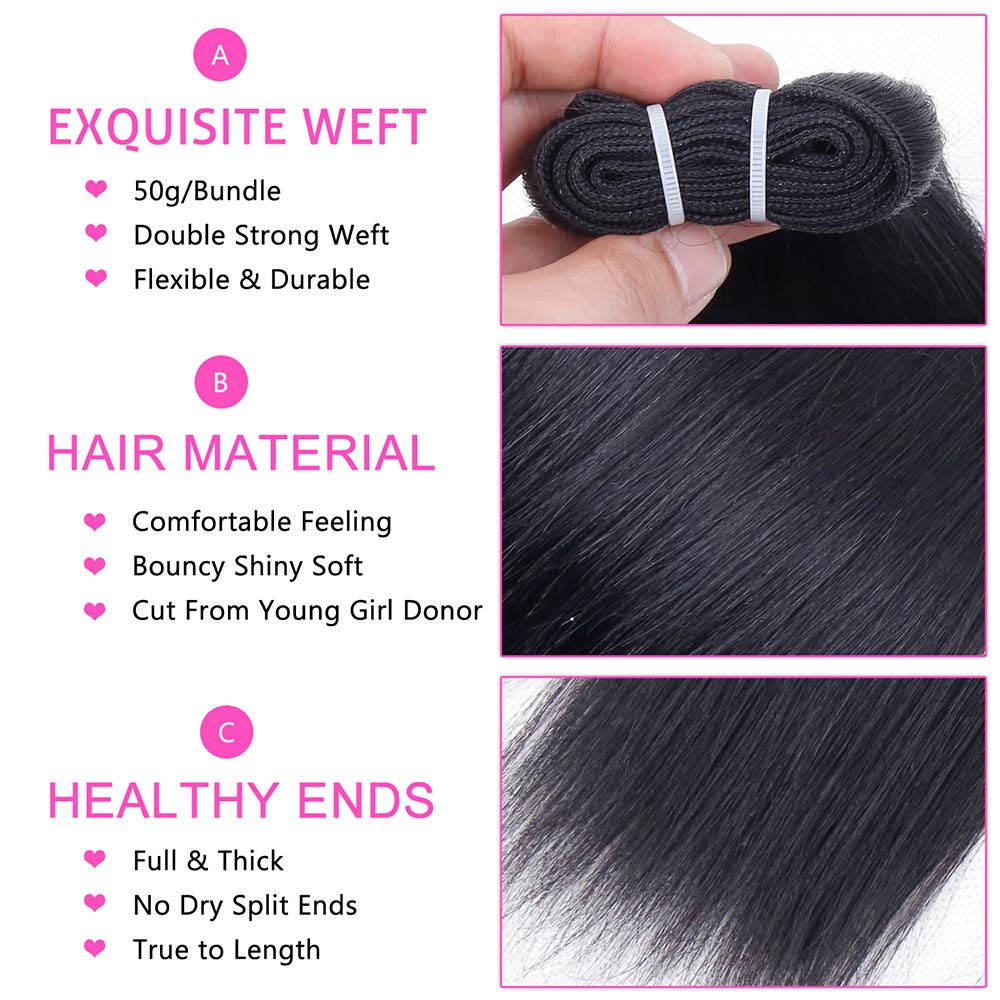 Brazilian Straight Human Hair Bundles with Closure(10 10 10+10) Straight 3 Bundles with Closure 50g 10A Unprocessed Straight Virgin Short Bob Hair Bundle Natural Black Color