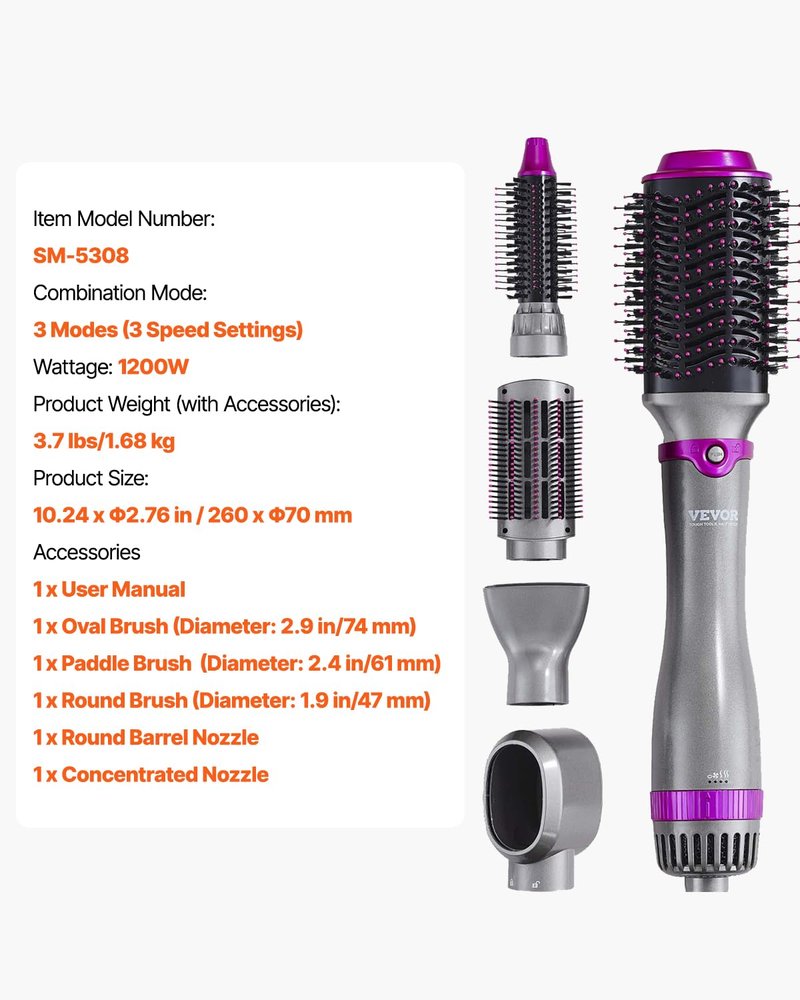 VEVOR Hair Air Styler and Dryer Brush, 5-in-1 Multi Hair Styler with 3 Brushes & 2 Nozzles, Ionic Blow Dryer Brush, Reduced Heat Damage, High-Speed Styling Tool for Volumizing Straightening Curling