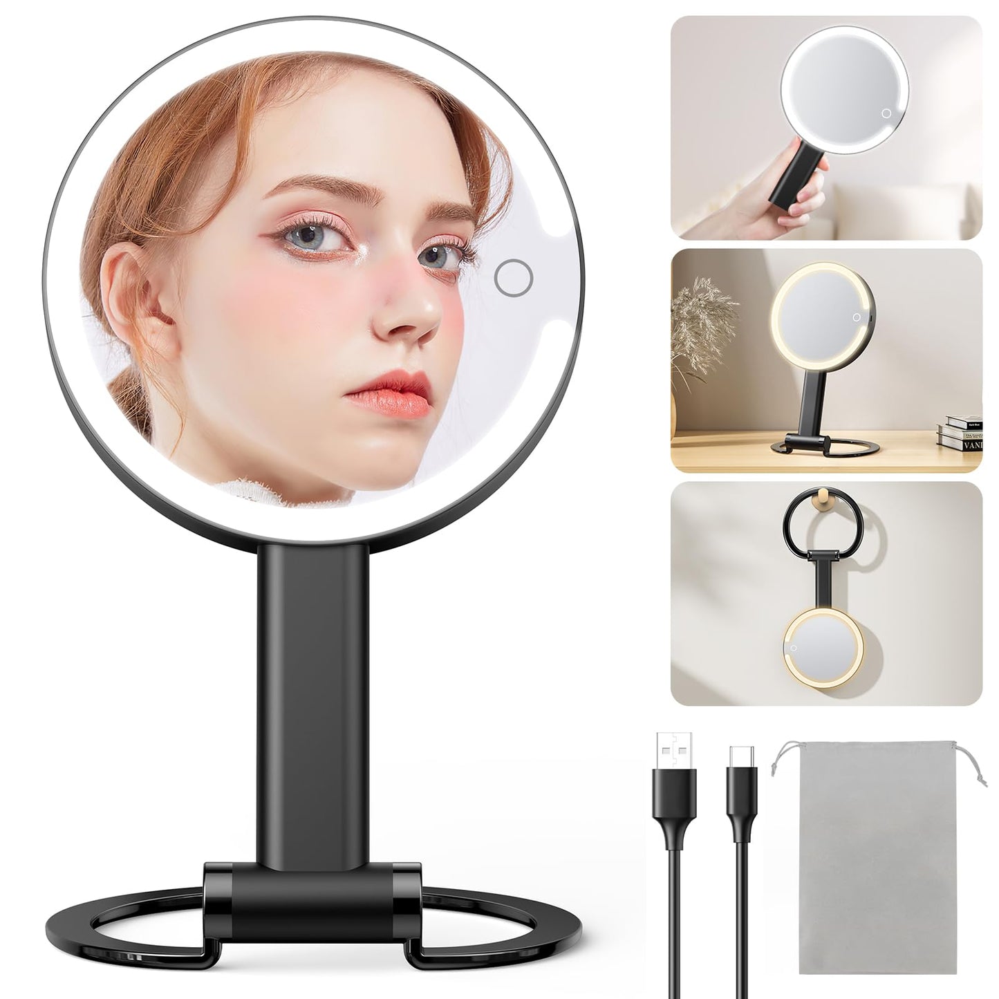 Gospire Magnifying Travel Makeup Mirror with Light 10X 1X Magnifition 2-Sided Lighted Vanity Mirror Rechargeable 3 in 1 Hand Held Desk Hanging, 3 Color Dimmable Lights, Black