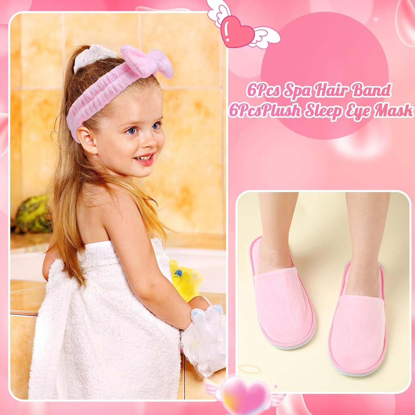 Girls Spa Party Supplies - 12 Pcs Kids Sleepover Set with Disposable Slippers & Bow Headbands | Perfect for Birthday Favors