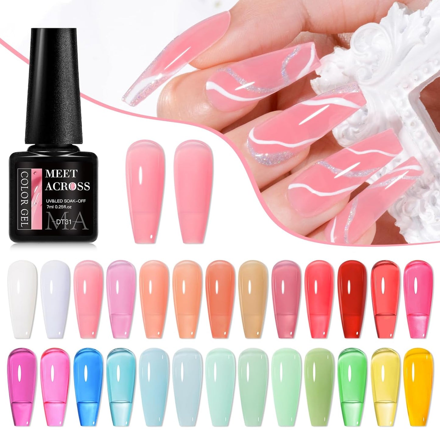 Jelly Gel Nail Polish Set - 30 Pastel Colors for French Nail Art | Semi-Transparent Sheer Effect