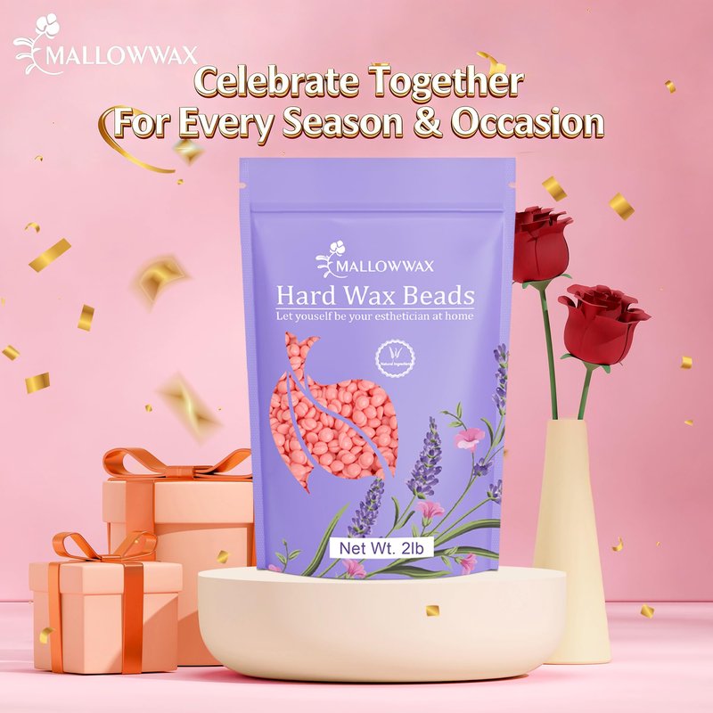 Mallowwax Hard Wax Beads for Hair Removal, 2LB – Premium Hair Removal Wax Refill for Sensitive Skin with Rose Formula, Ideal for Facial and Brazilian Areas